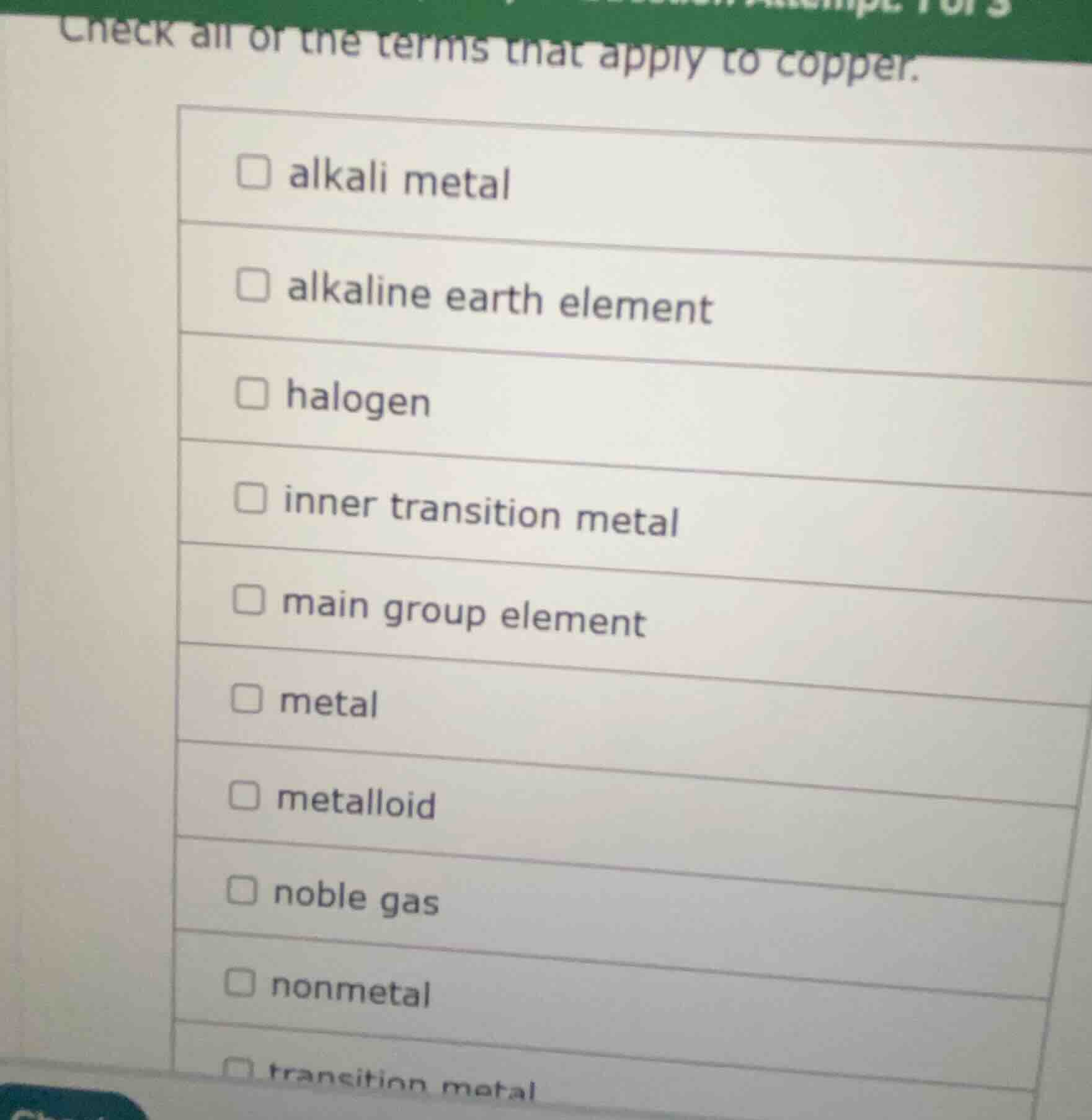 check all of the terms that apply to copper. ☐ alkali metal ☐ alkaline …