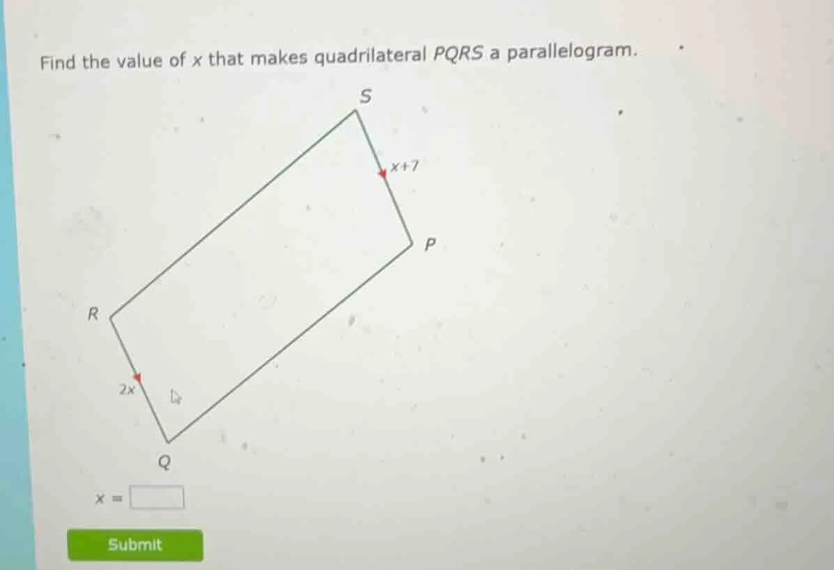 find the value of x that makes quadrilateral pqrs a parallelogram. (ima…