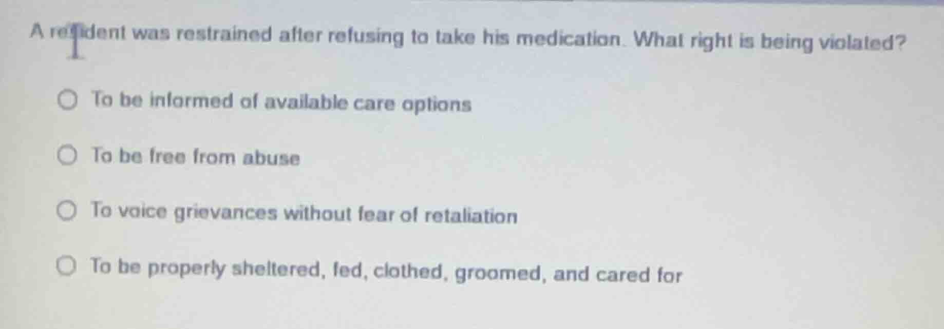 a resident was restrained after refusing to take his medication. what r…