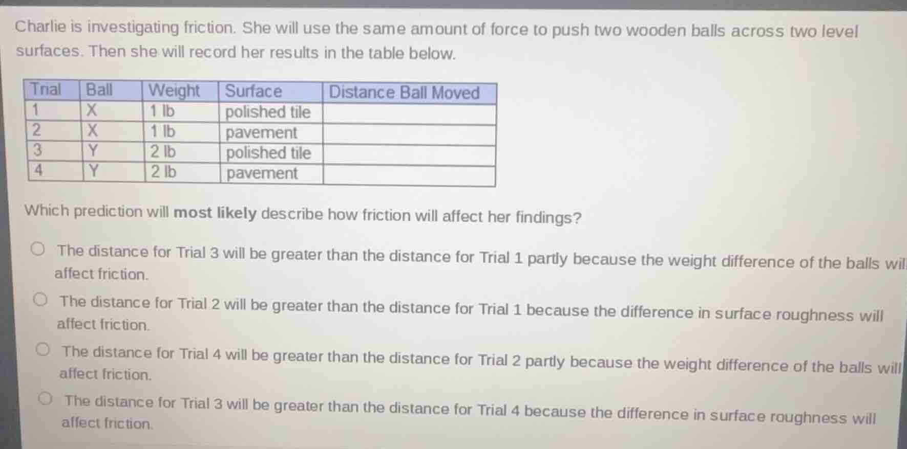 charlie is investigating friction. she will use the same amount of forc…