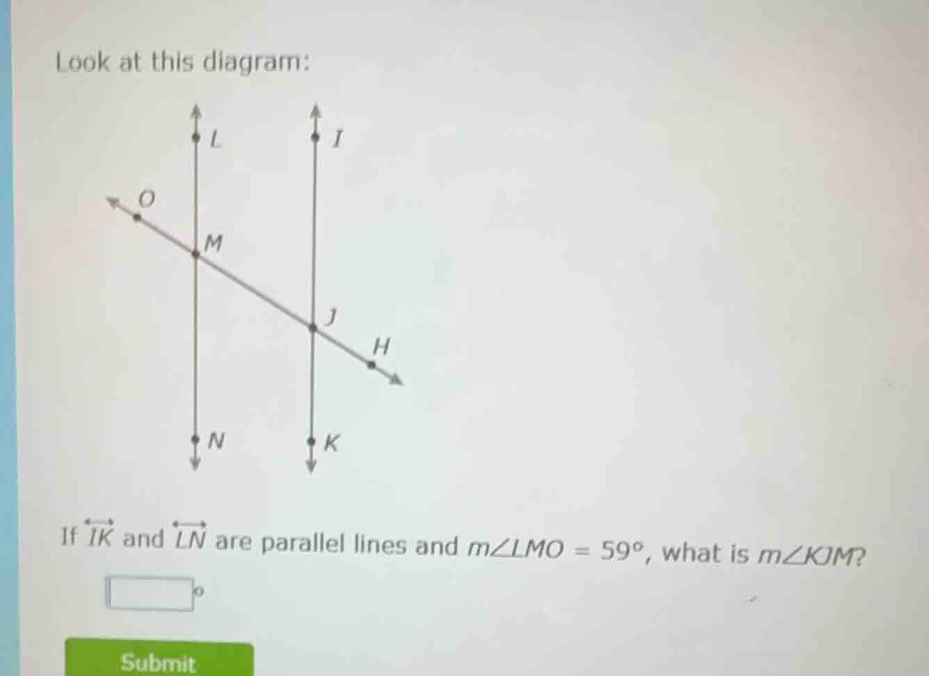 look at this diagram: diagram of parallel lines ln and ik, and transver…