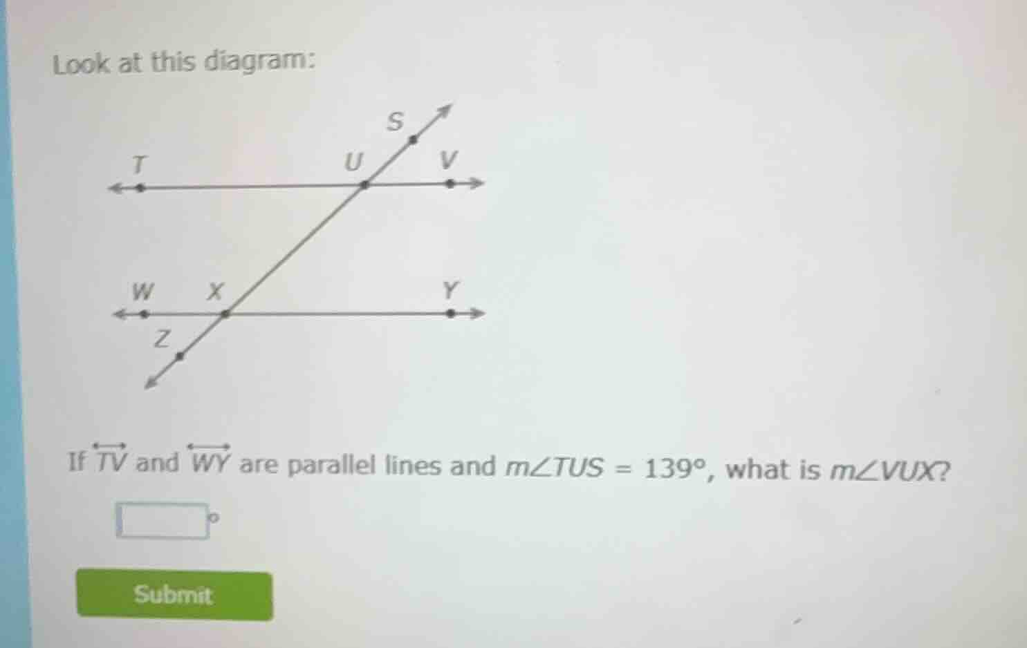 look at this diagram: diagram of two parallel lines tv and wy cut by a …