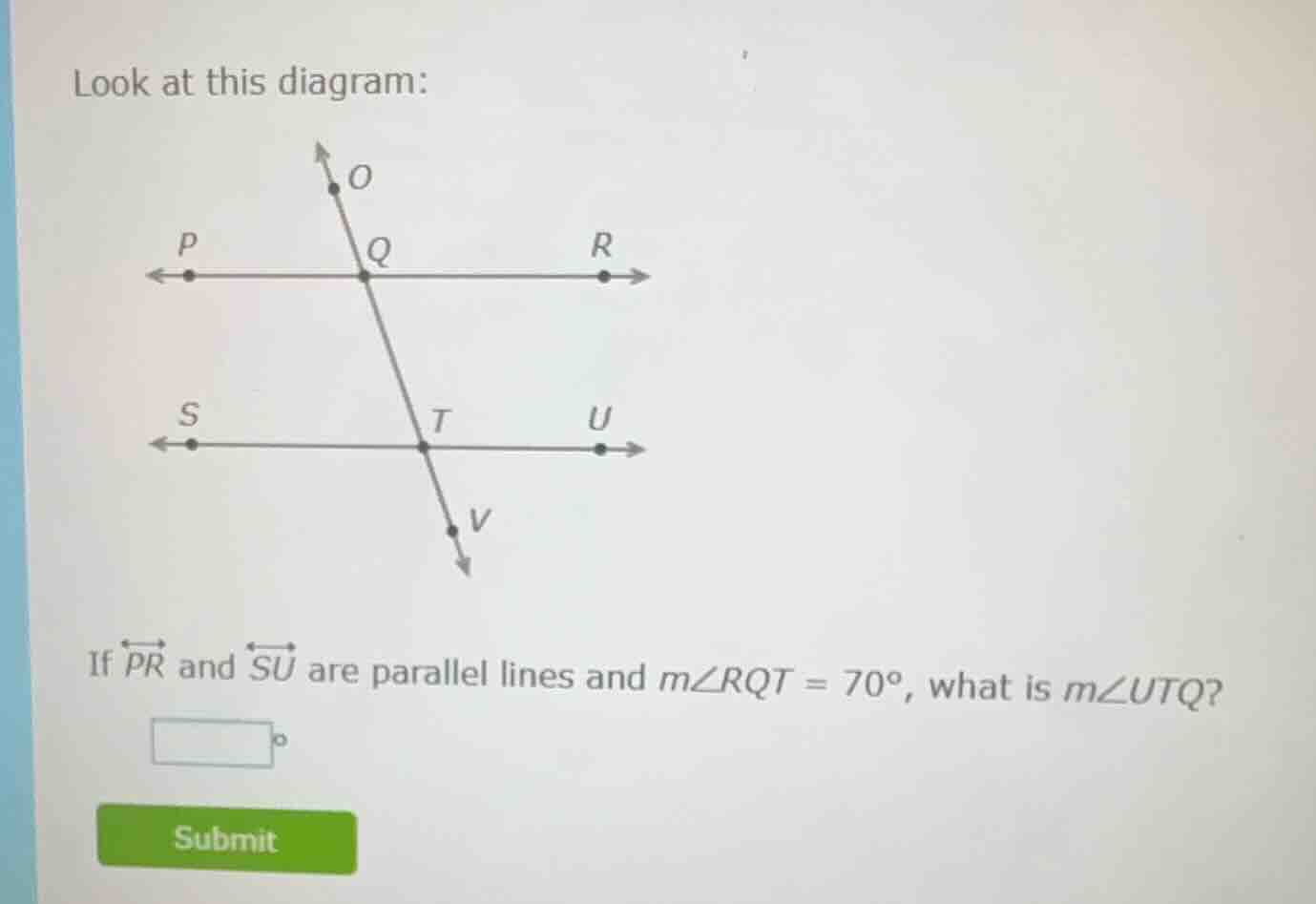 look at this diagram: diagram showing two parallel lines pr and su cut …