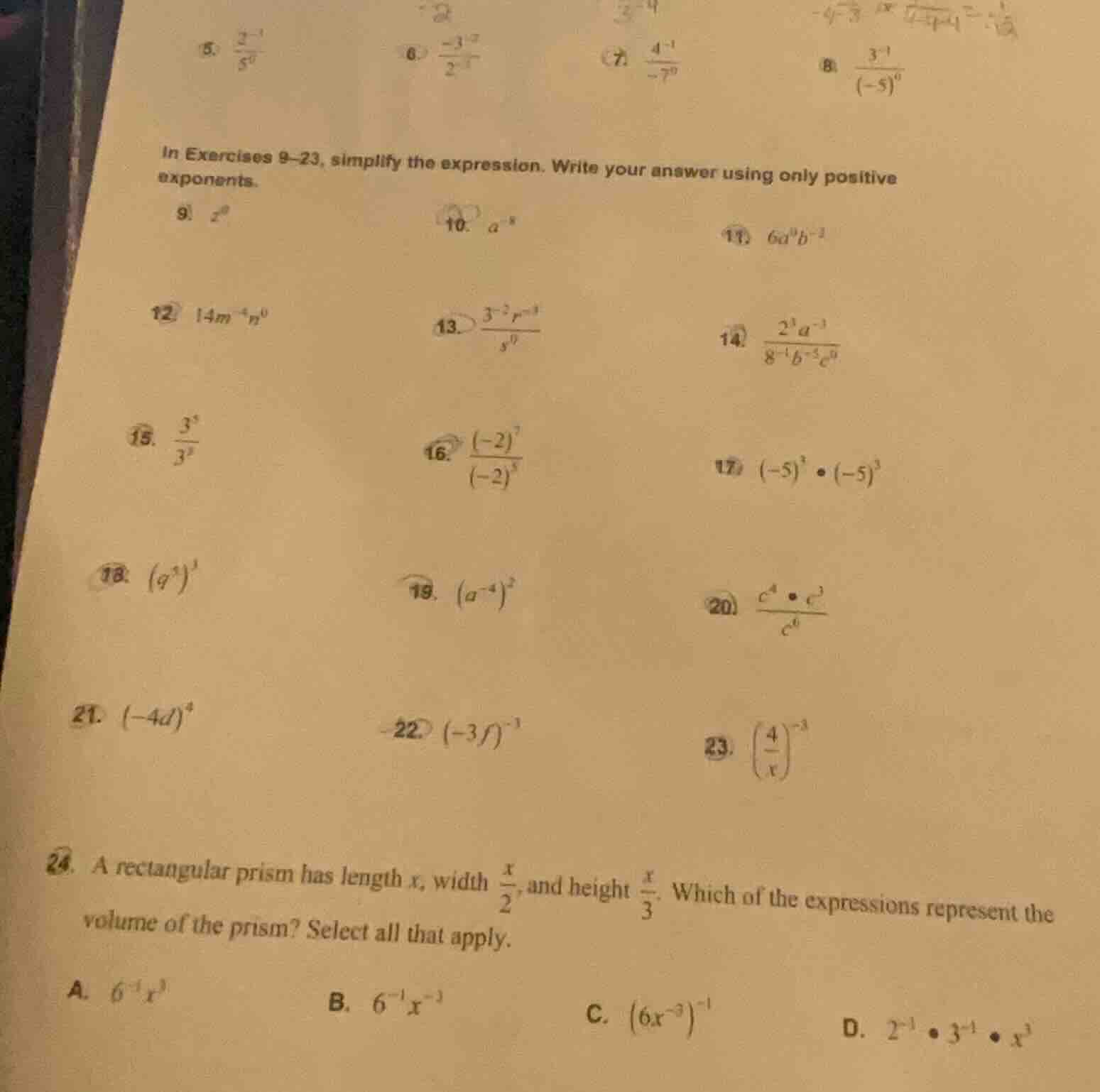 5. \\(\\frac{2^{-1}}{5^0}\\) 6. \\(\\frac{-3^{-2}}{2^{-1}}\\) 7. \\(\\f…