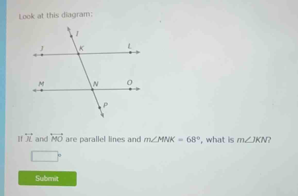 look at this diagram: diagram of two parallel lines jl and mo cut by a …