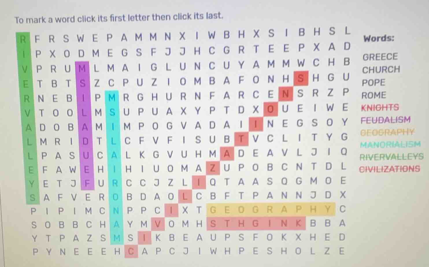 to mark a word click its first letter then click its last. words: greec…
