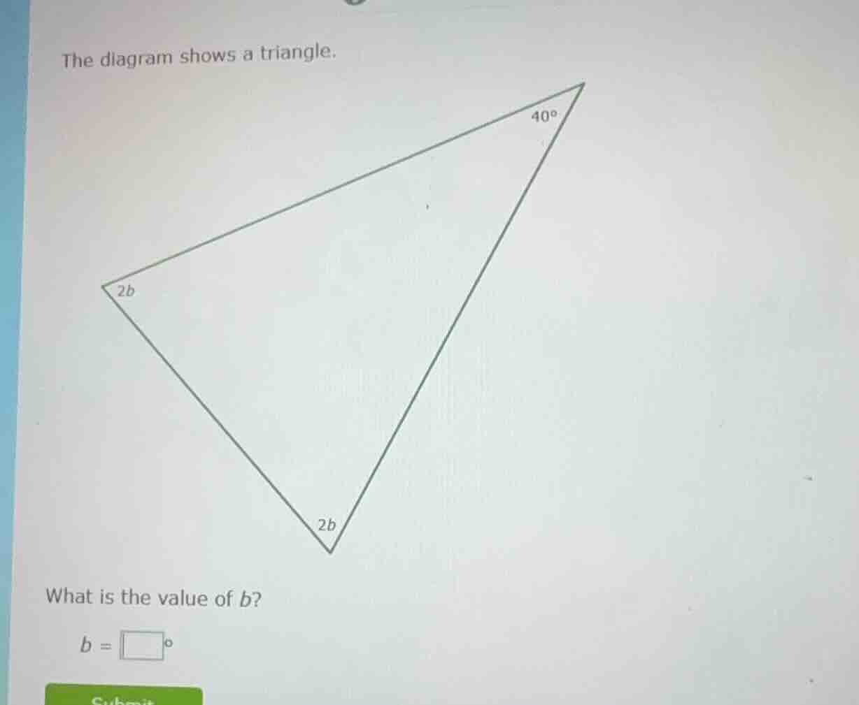 the diagram shows a triangle. what is the value of ( b )? ( b = square^…