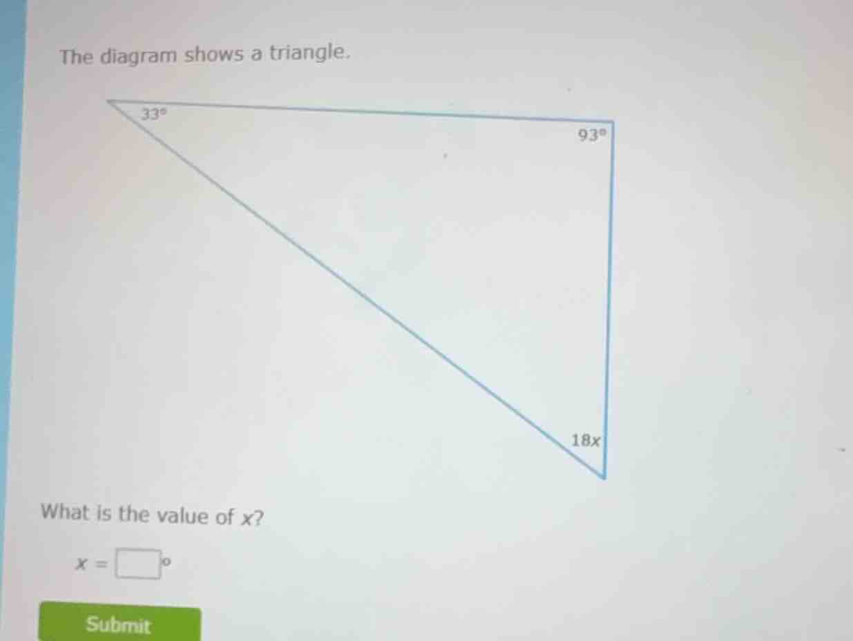 the diagram shows a triangle. what is the value of x? x = \\square^\\ci…