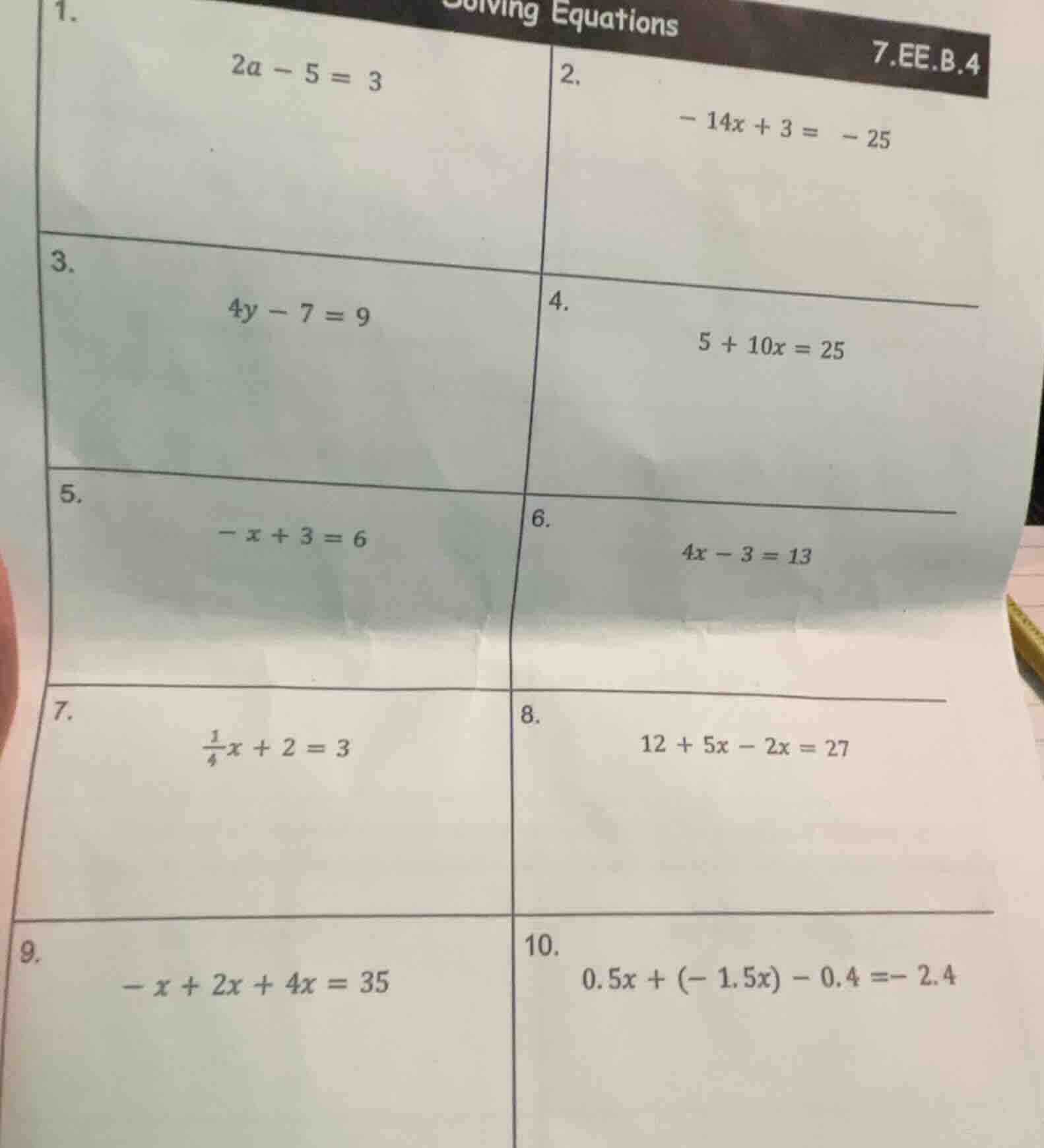 1. solving equations 7.ee.b.4 2a - 5 = 3 2. - 14x + 3 = - 25 3. 4y - 7 …
