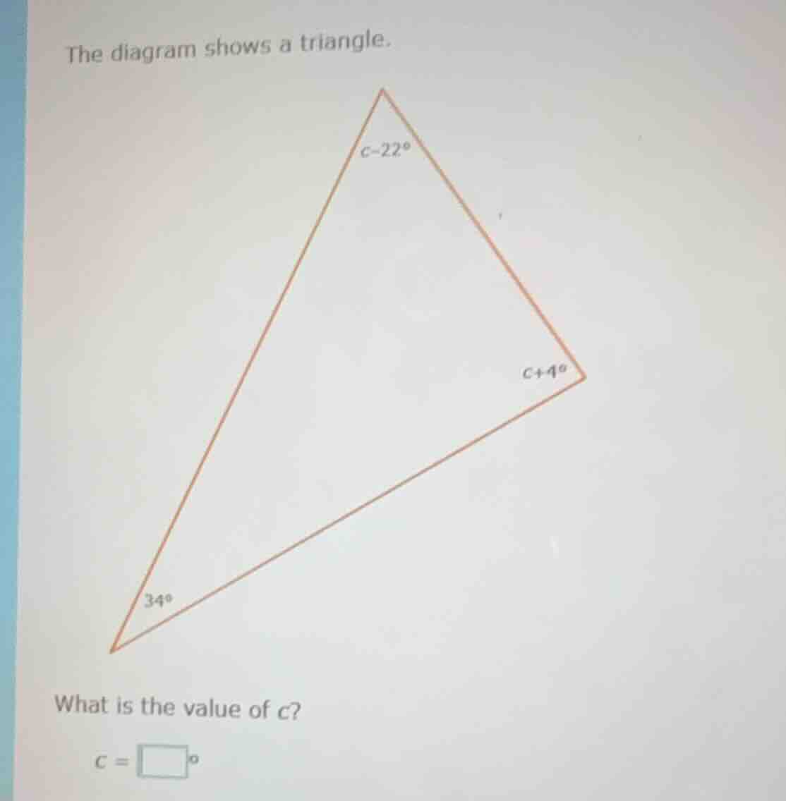 the diagram shows a triangle. what is the value of ( c )? ( c = square^…