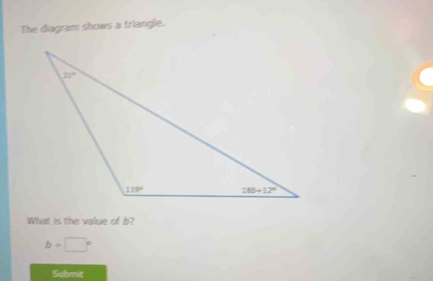the diagram shows a triangle. what is the value of b? b = \\square^\\ci…