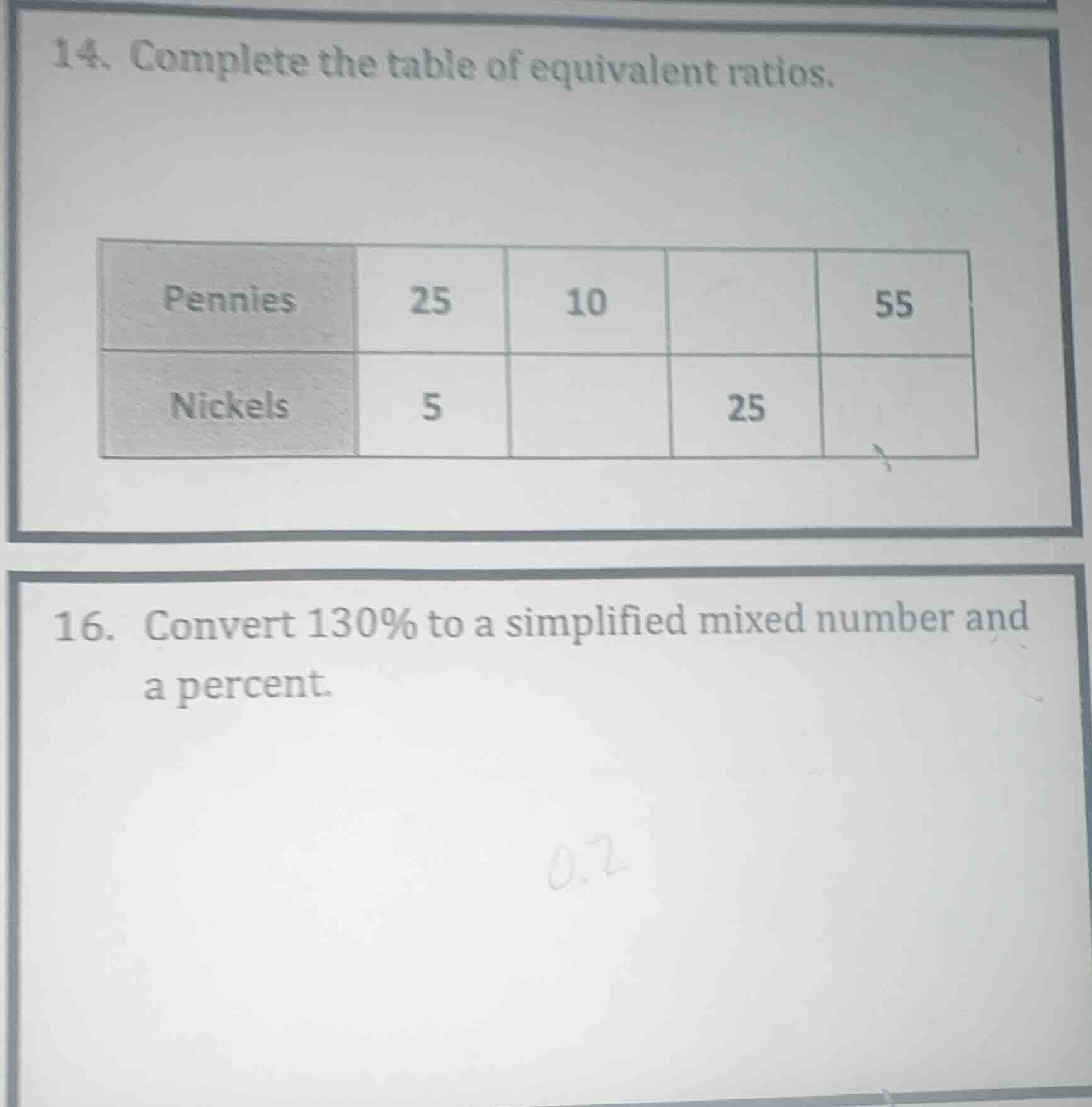 14. complete the table of equivalent ratios. | pennies | 25 | 10 | | 55…