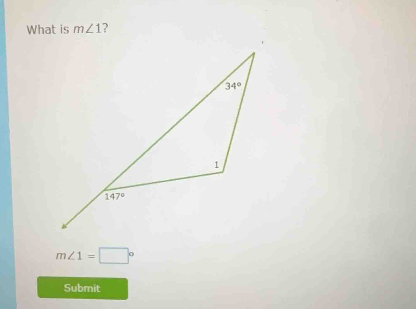 what is $m\\angle 1$? triangle with angle 34° at the top, angle 1 at th…