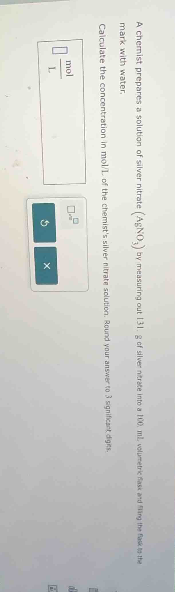 a chemist prepares a solution of silver nitrate ($\\ce{agno_3}$) by mea…