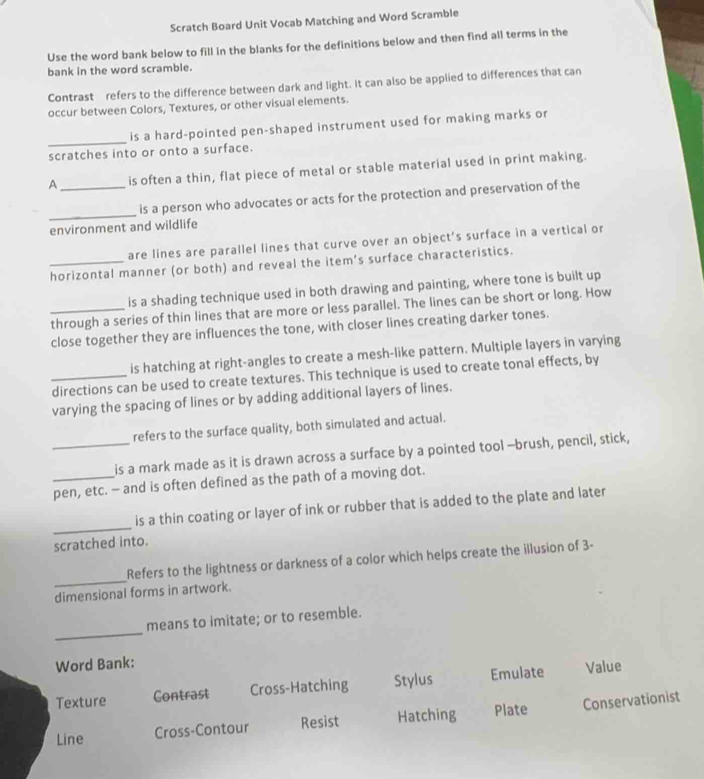 scratch board unit vocab matching and word scramble use the word bank b…