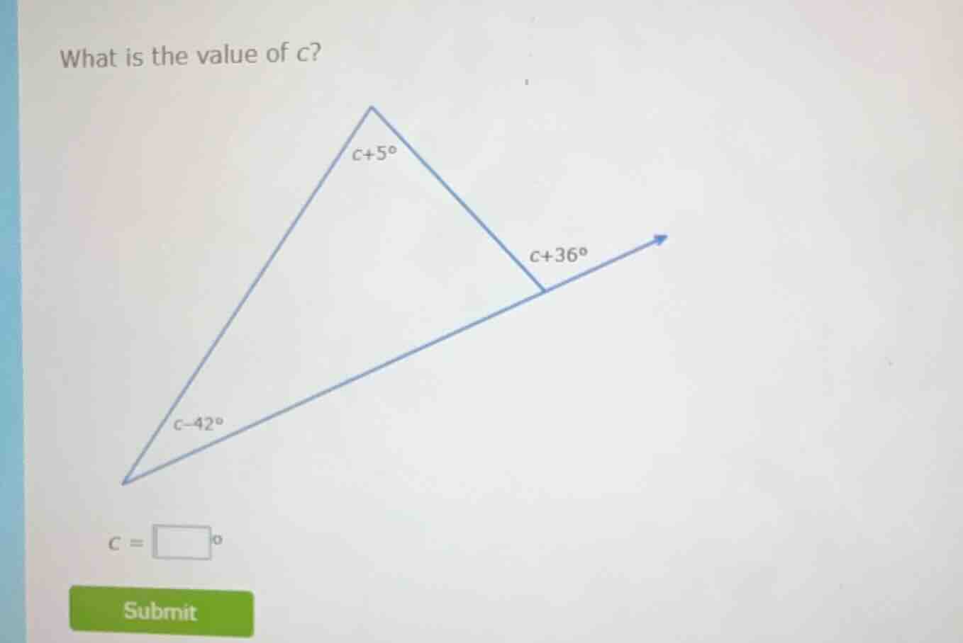 what is the value of c? there is a triangle with angles labeled as $c +…