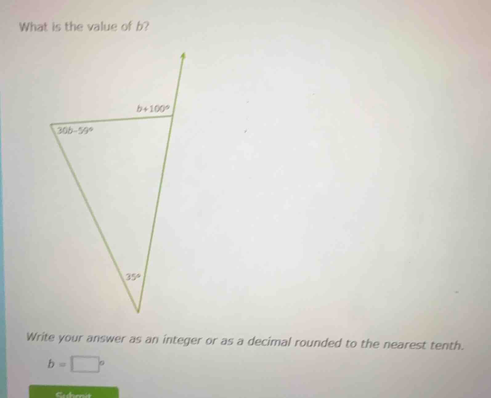 what is the value of b? triangle with angles: 30b - 59°, 35°, and an ex…