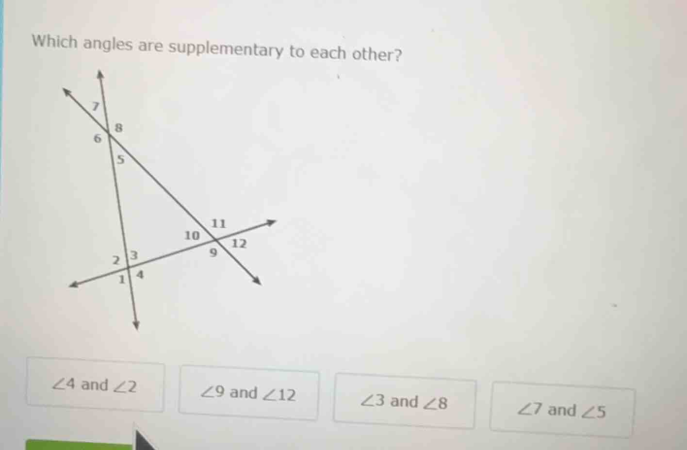 which angles are supplementary to each other? image of angle diagram wi…