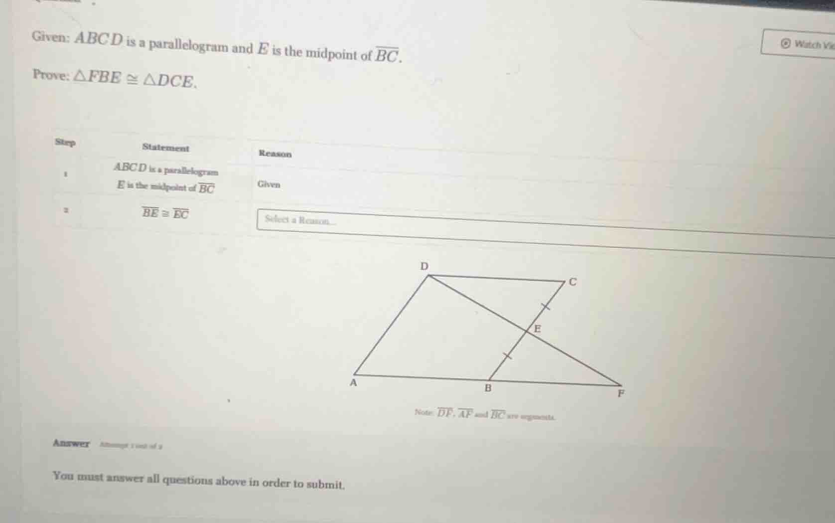 given: abcd is a parallelogram and e is the midpoint of \\(\\overline{b…