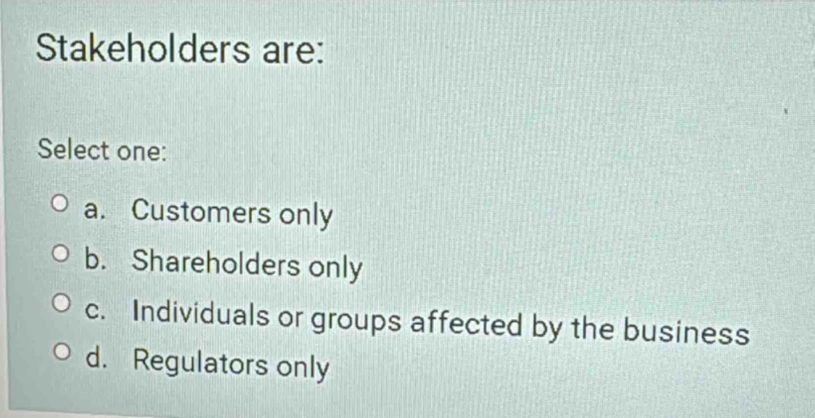 stakeholders are: select one: a. customers only b. shareholders only c.…