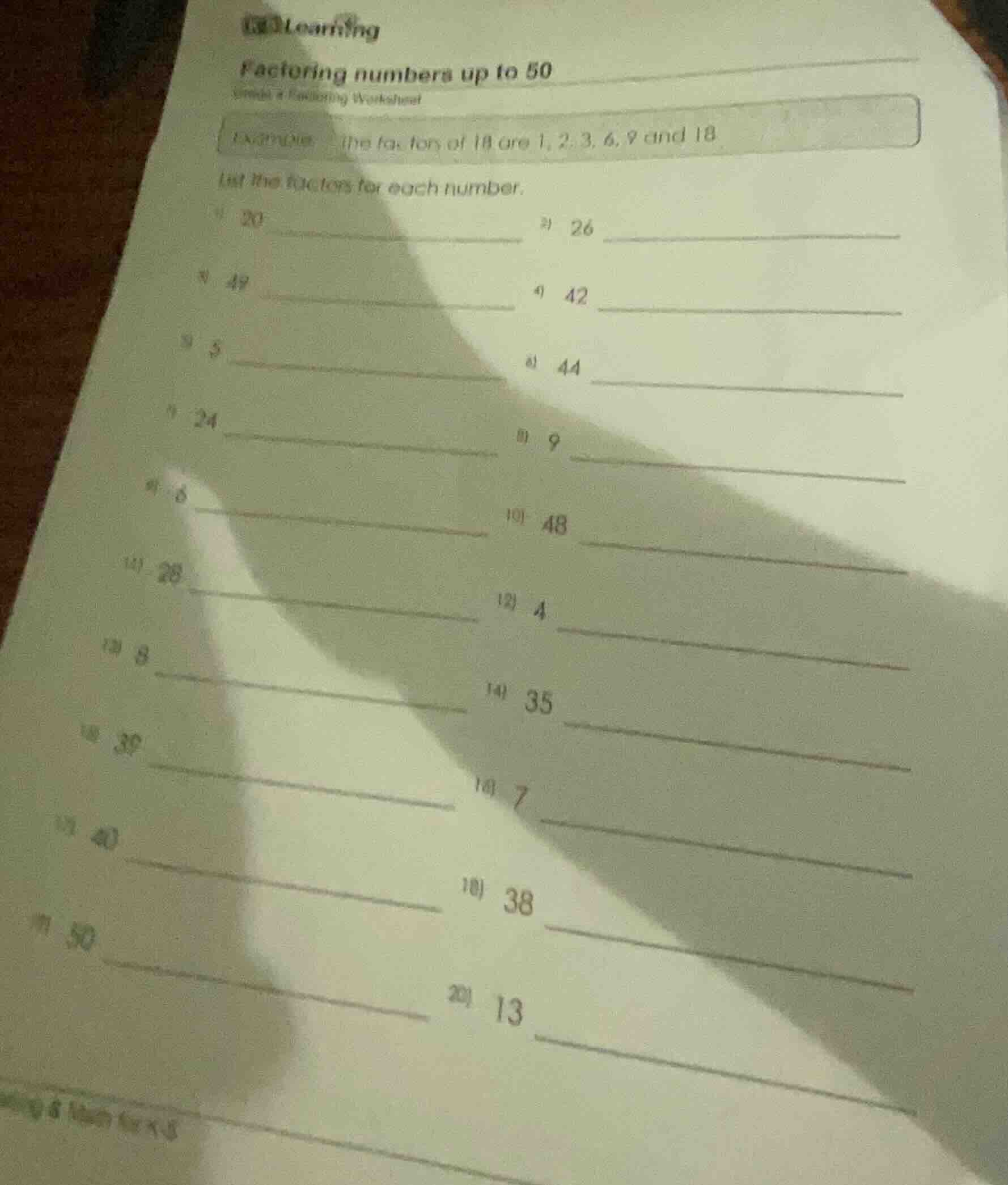 factoring numbers up to 50 example: the factors of 18 are 1, 2, 3, 6, 9…