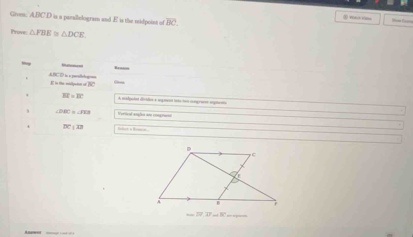 given: abcd is a parallelogram and e is the midpoint of \\(\\overline{b…