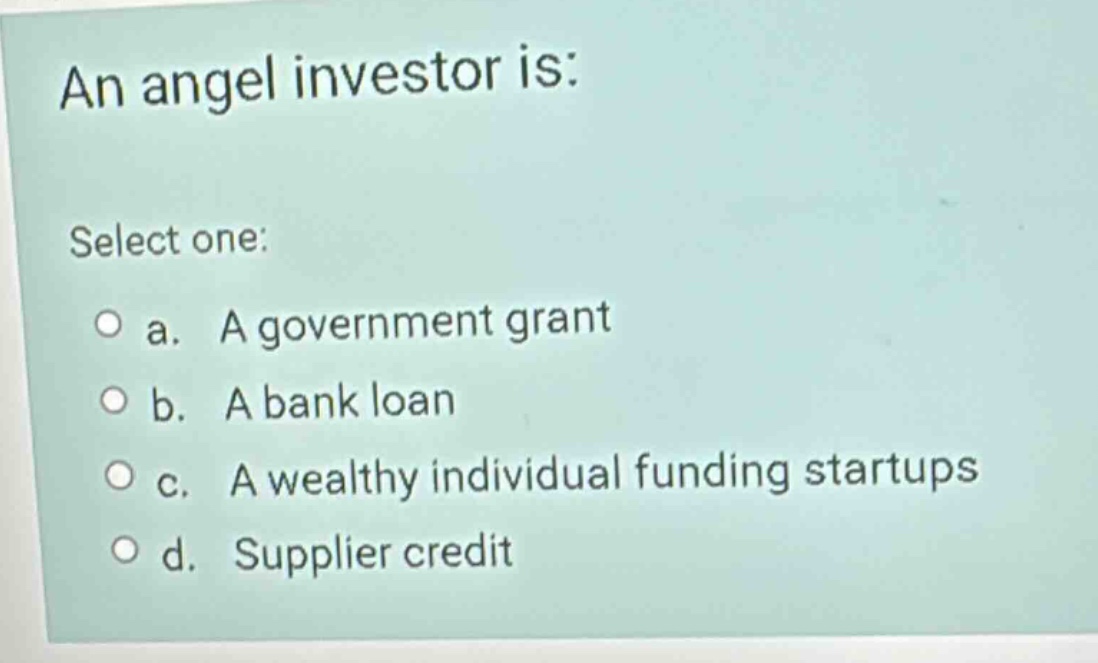 an angel investor is: select one: a. a government grant b. a bank loan …