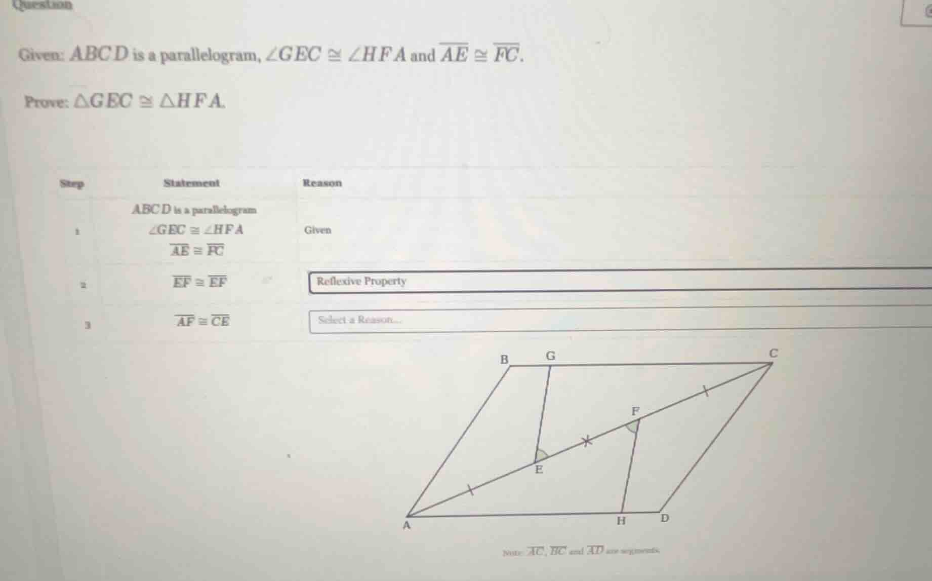 question given: abcd is a parallelogram, ∠gec ≅ ∠hfa and \\(\\overline{…