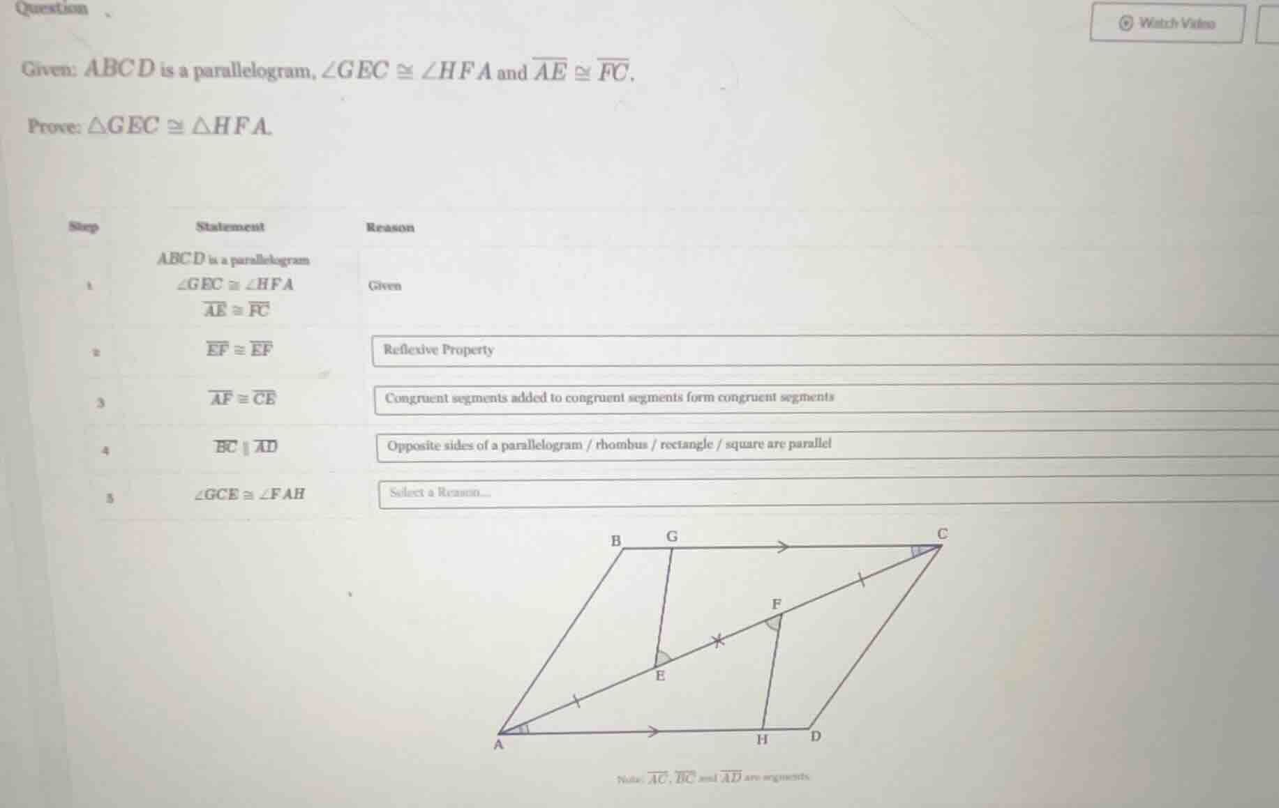 question given: abcd is a parallelogram, ∠gec ≅ ∠hfa and \\(\\overline{…