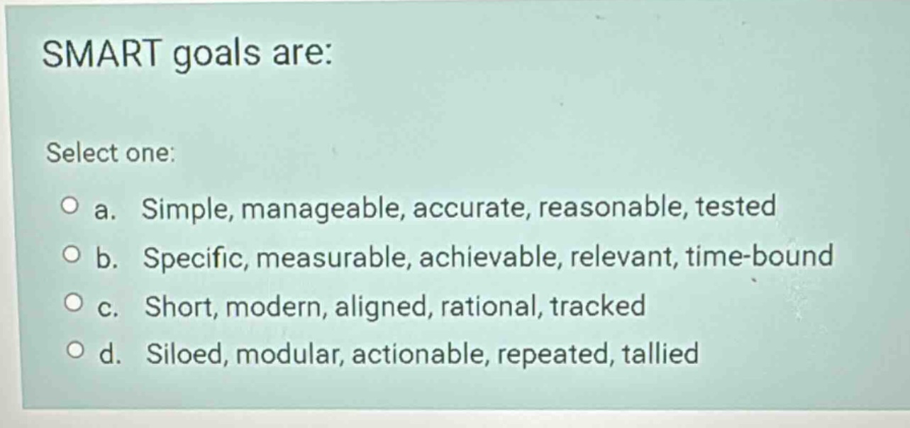 smart goals are: select one: a. simple, manageable, accurate, reasonabl…