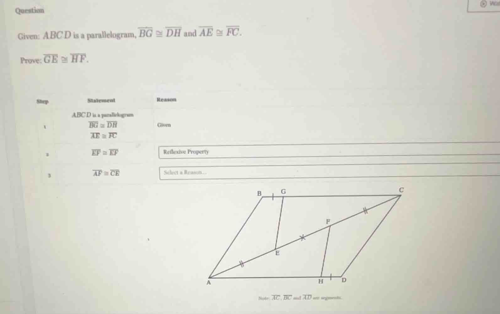 question given: abcd is a parallelogram, \\(\\overline{bg} \\cong \\ove…
