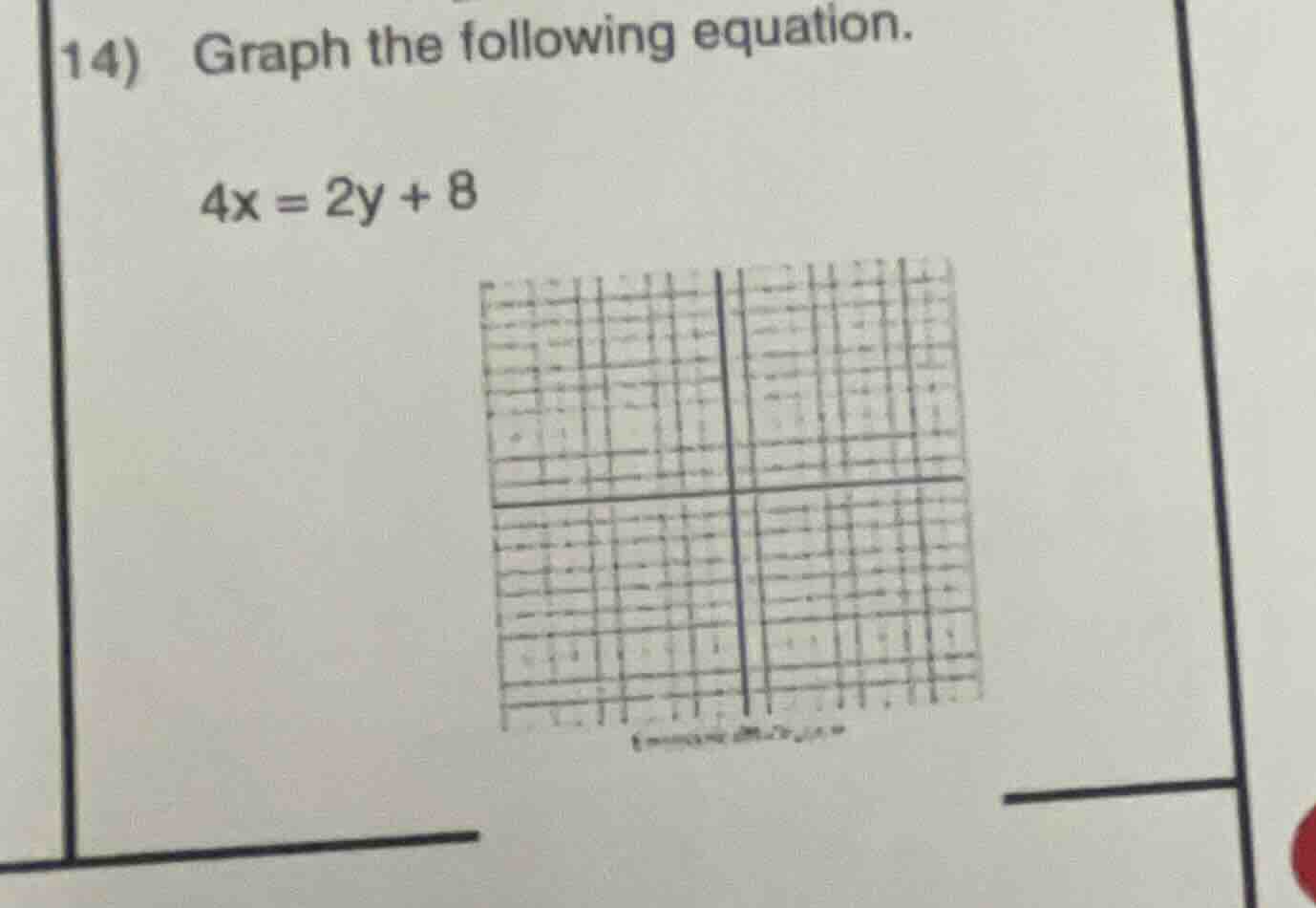 14) graph the following equation. 4x = 2y + 8