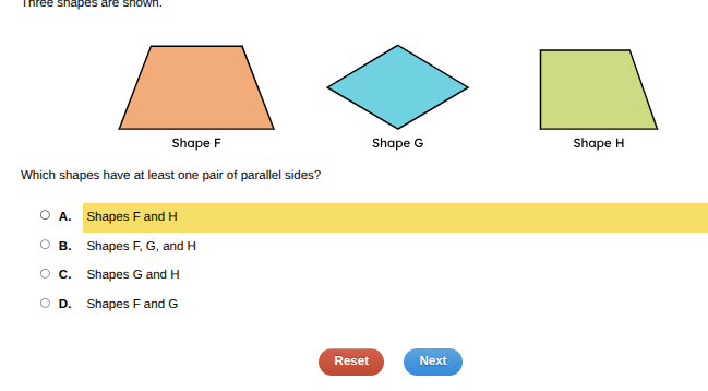 three shapes are shown. shape f (trapezoid), shape g (rhombus), shape h…