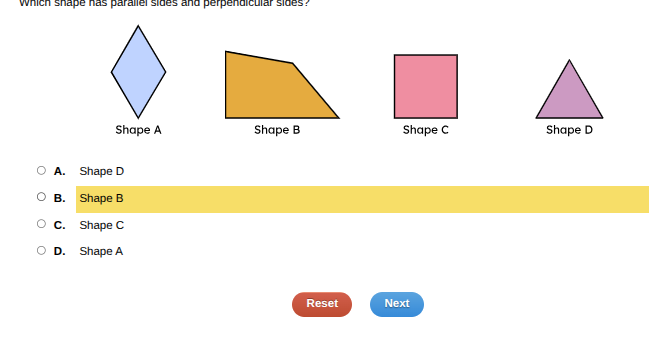 which shape has parallel sides and perpendicular sides? shape a shape b…