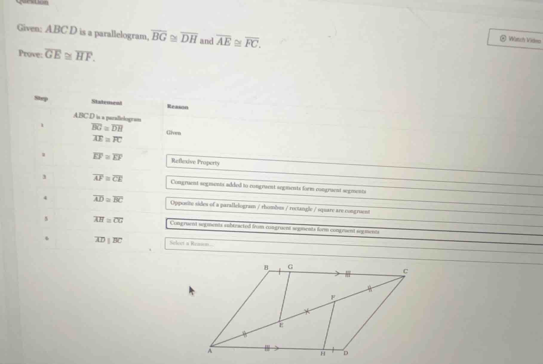 given: abcd is a parallelogram, \\(\\overline{bg} \\cong \\overline{dh}…