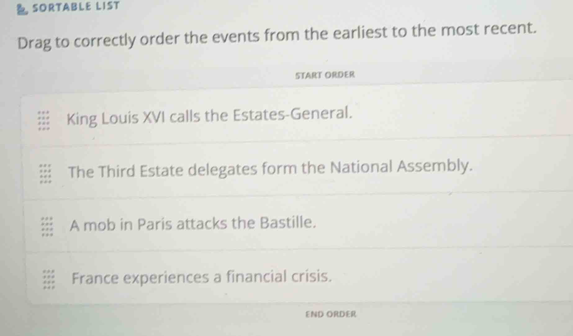 sortable list drag to correctly order the events from the earliest to t…