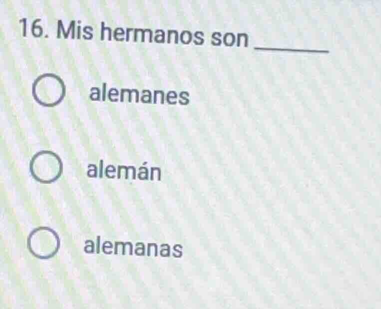 16. mis hermanos son ______ ○ alemanes ○ alemán ○ alemanas