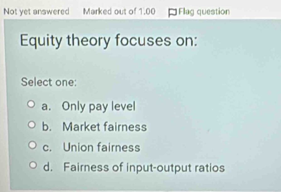 equity theory focuses on: select one: a. only pay level b. market fairn…