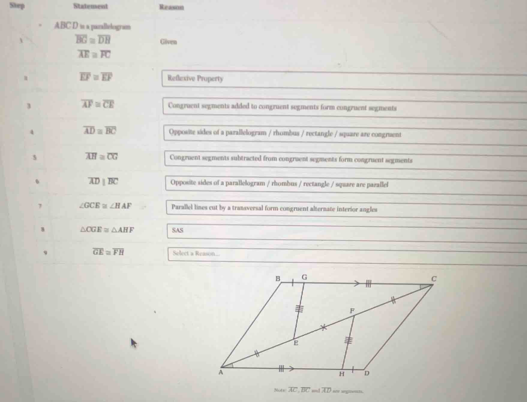 step statement reason - abcd is a parallelogram 1 (overline{bg} cong ov…