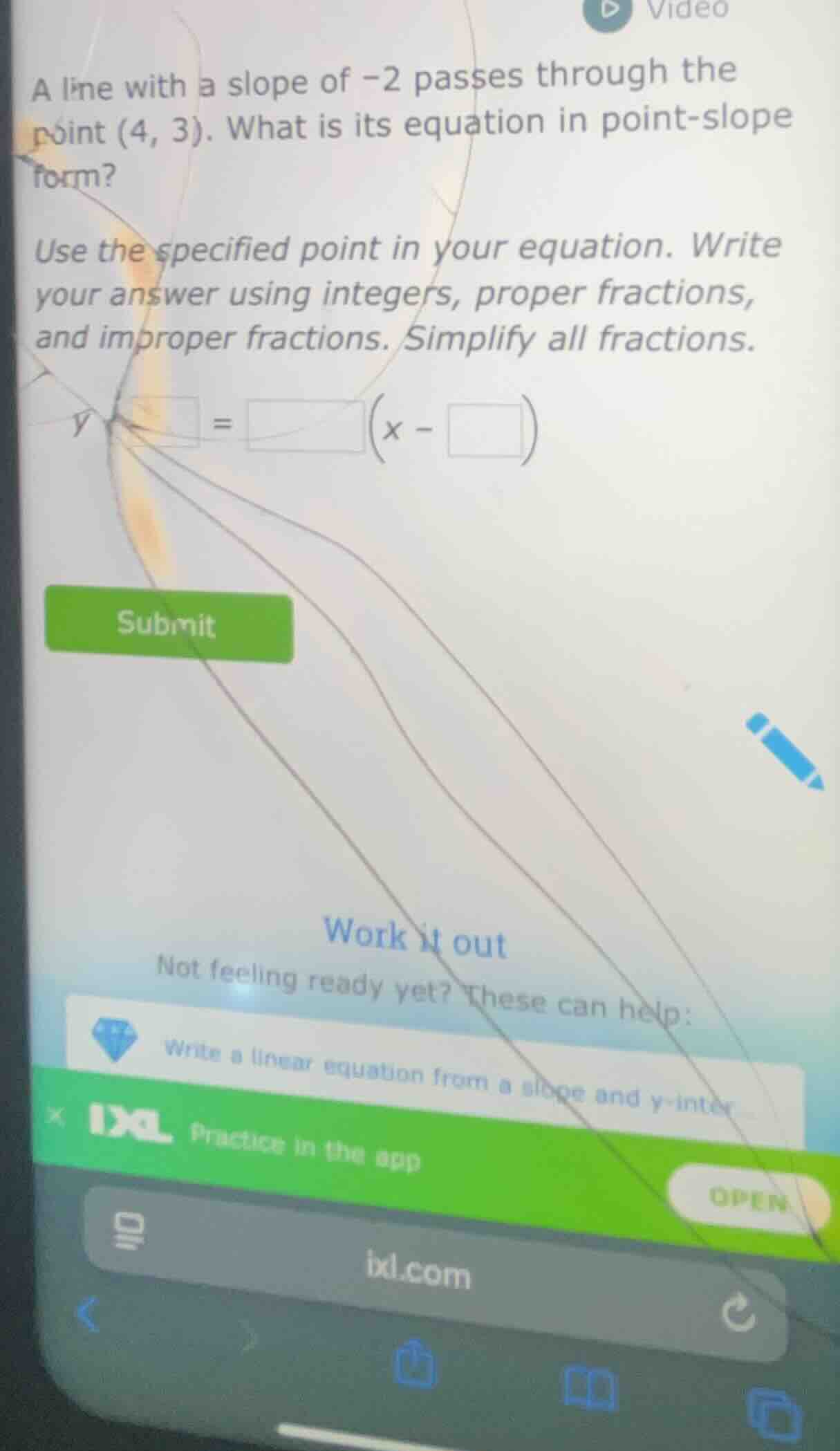 a line with a slope of -2 passes through the point (4, 3). what is its …