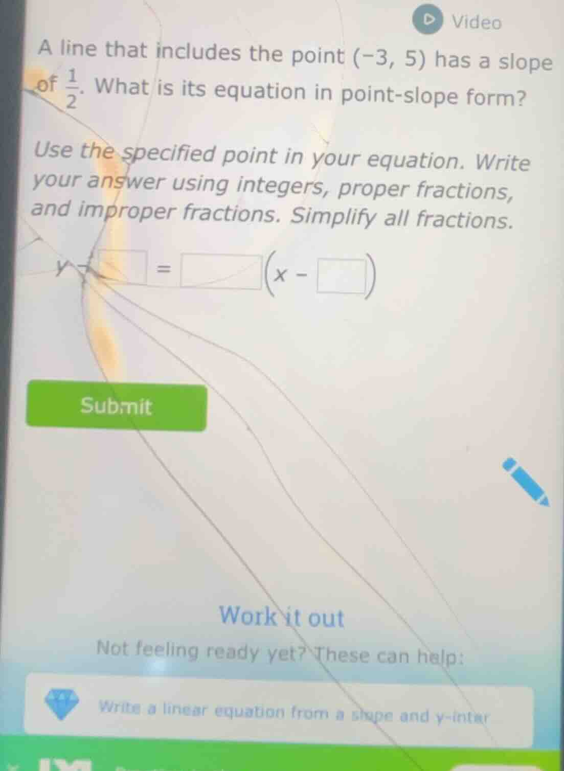 a line that includes the point (-3, 5) has a slope of \\(\\frac{1}{2}\\…