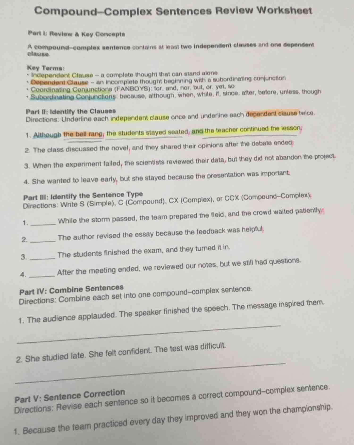 compound-complex sentences review worksheet part i: review & key concep…