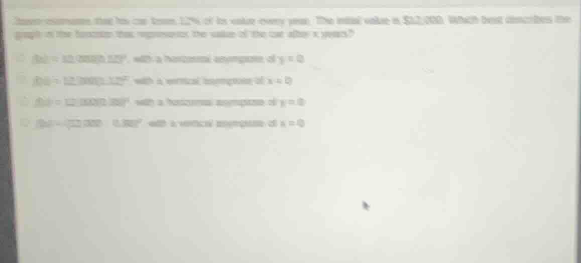 jason determines that his car loses 12% of its value every year. the in…