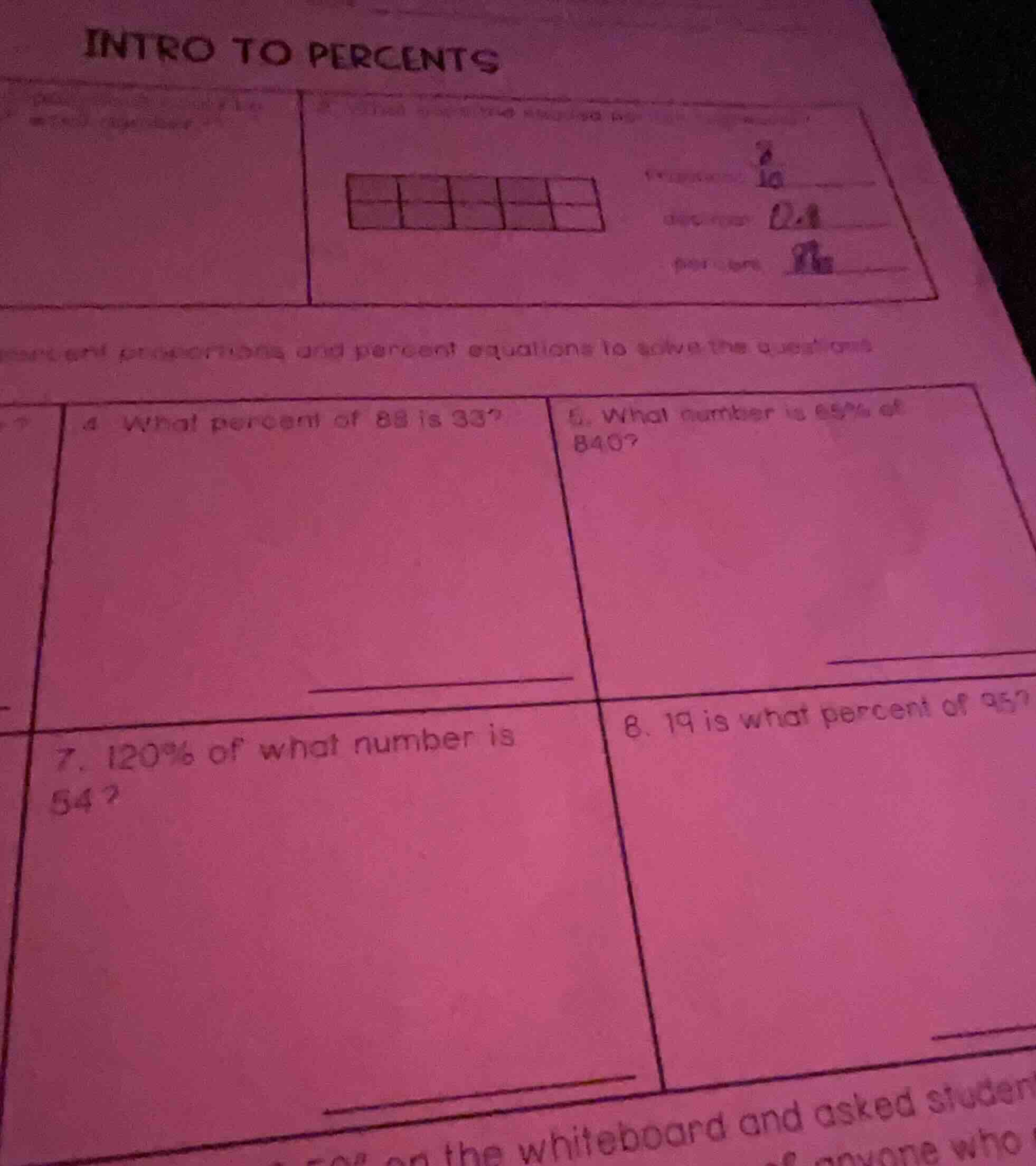 intro to percents 4. what percent of 88 is 33? 6. what number is 69% of…