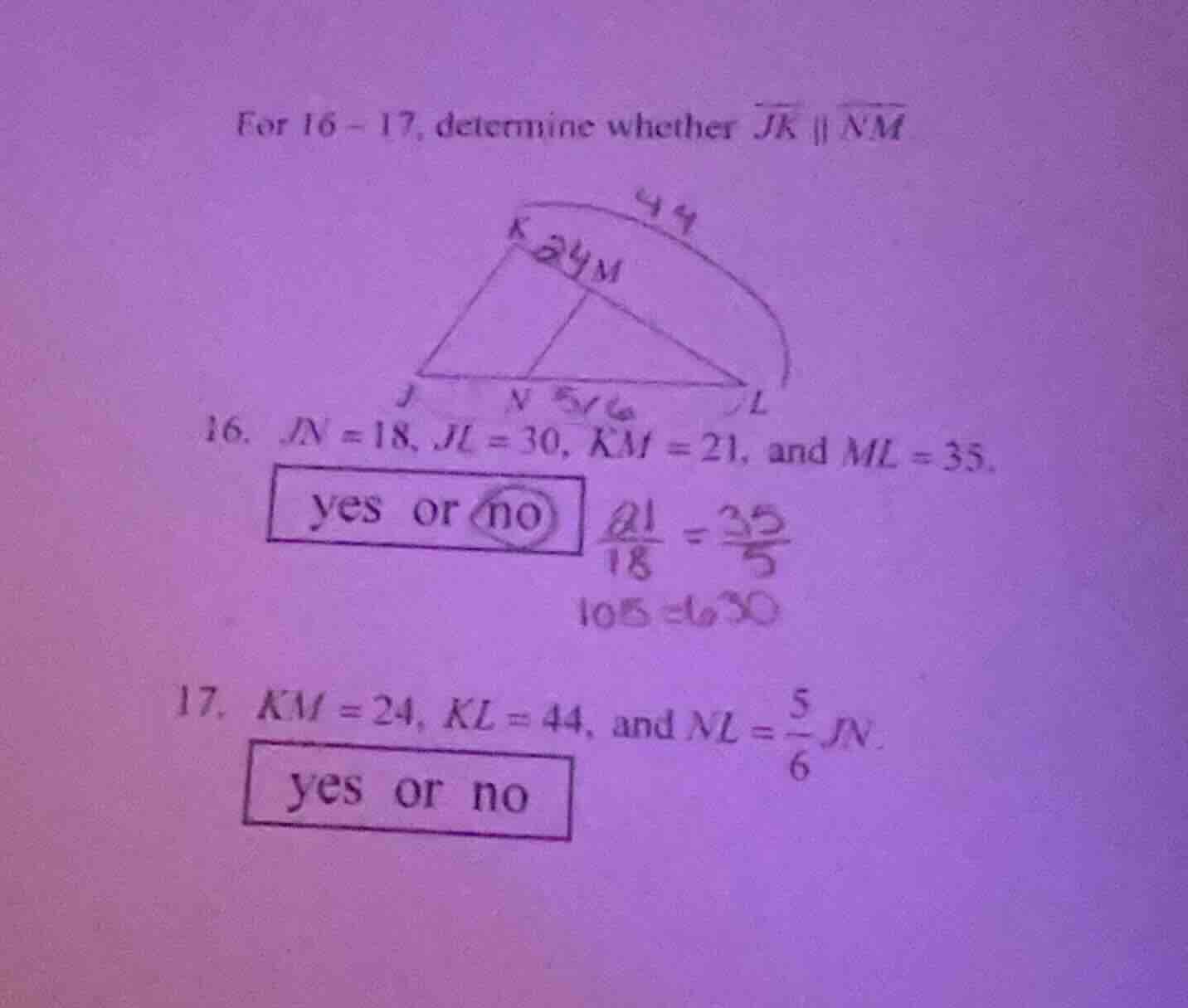 for 16 - 17, determine whether $overleftrightarrow{jk} parallel overlef…