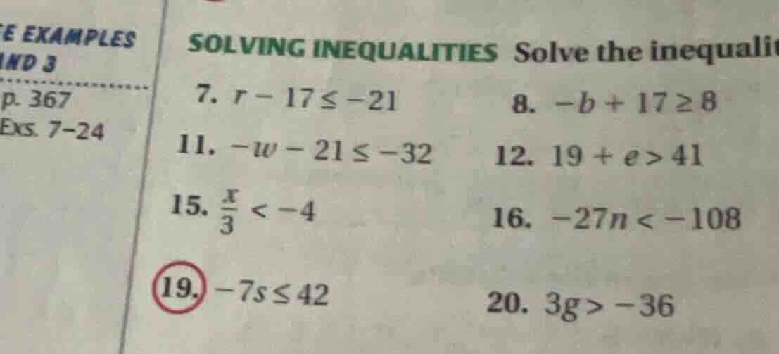 solving inequalities solve the inequalit 7. $r - 17 \\leq -21$ 8. $-b +…