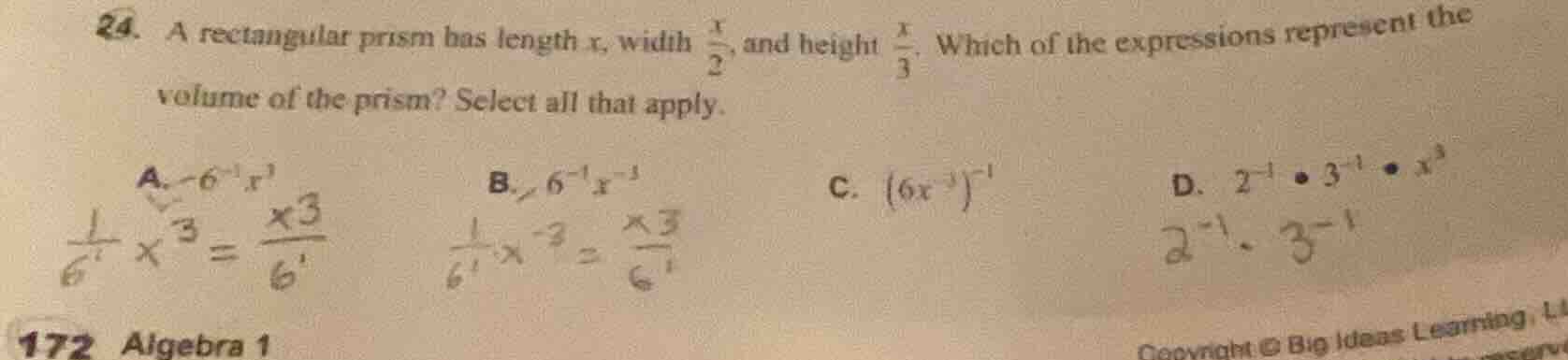 24. a rectangular prism has length ( x ), width ( \frac{x}{2} ), and he…