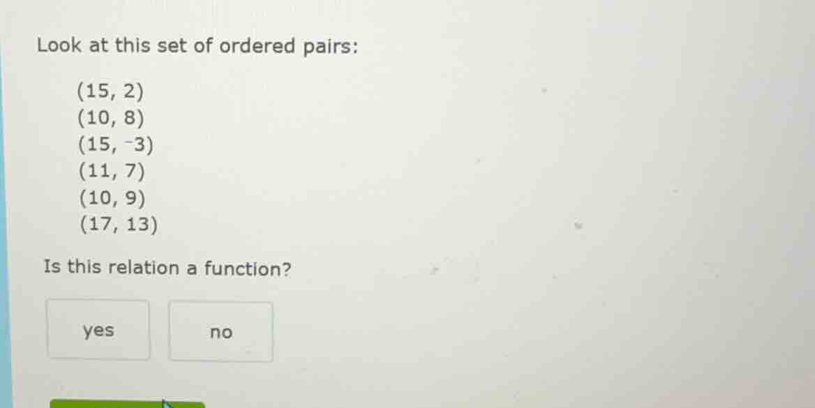 look at this set of ordered pairs: (15, 2) (10, 8) (15, -3) (11, 7) (10…