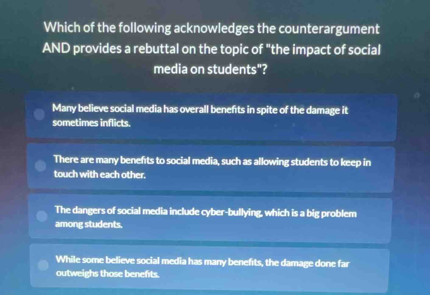 which of the following acknowledges the counterargument and provides a …