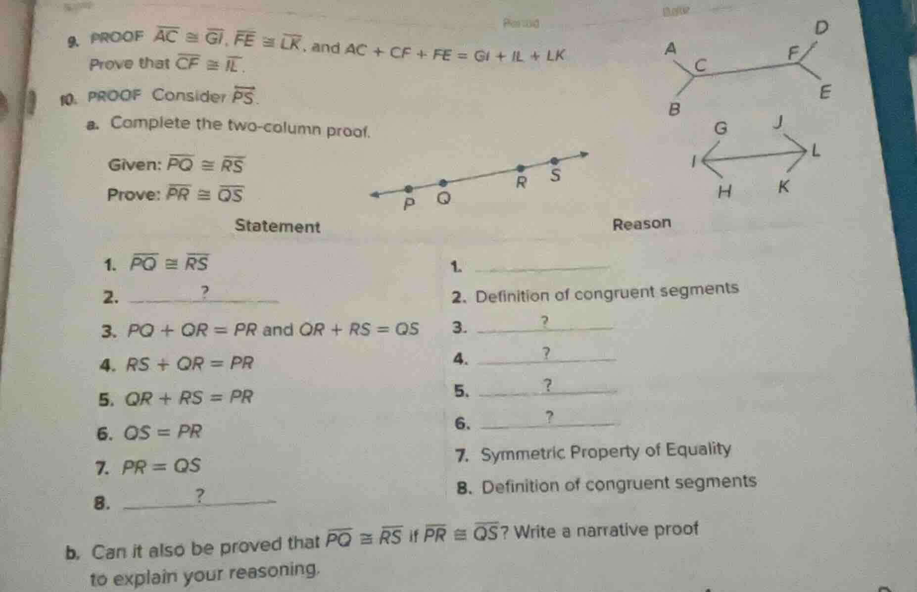 9. proof $overline{ac} cong overline{gi}$, $overline{fe} cong overline{…
